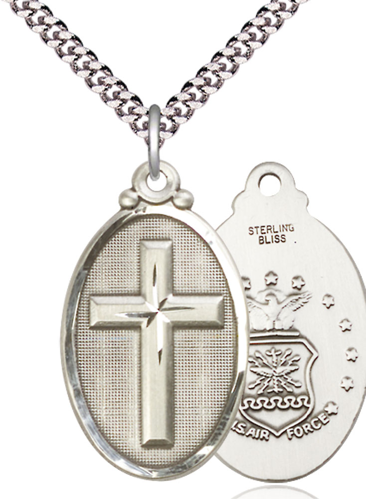 Sterling Silver Cross Air Force Pendant on a 24 inch Light Rhodium Heavy Curb chain