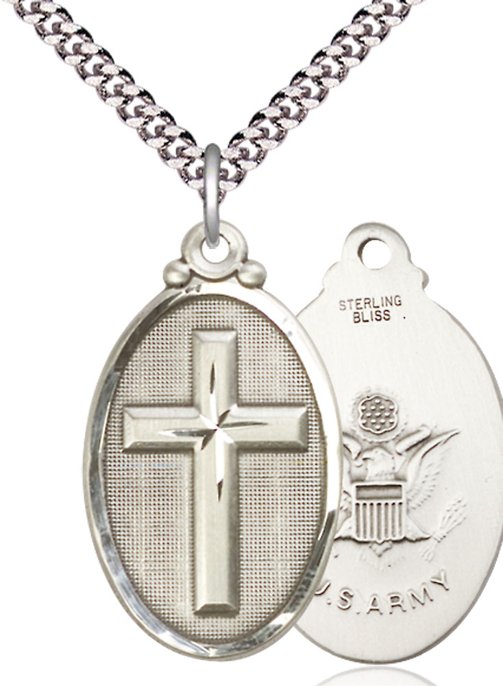 Sterling Silver Cross Army Pendant on a 24 inch Light Rhodium Heavy Curb chain