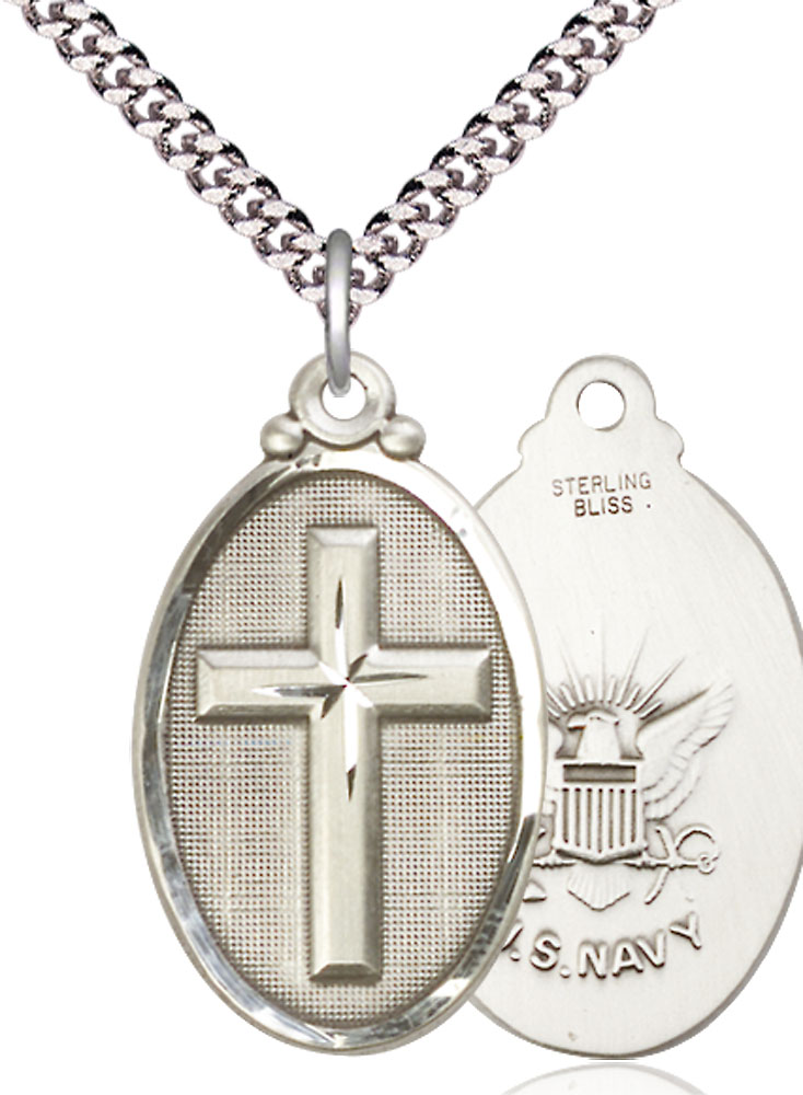 Sterling Silver Cross Navy Pendant on a 24 inch Light Rhodium Heavy Curb chain