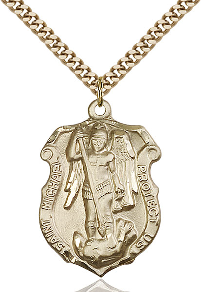 14kt Gold Filled Saint Michael Army Pendant on a 24 inch Gold Plate Heavy Curb chain