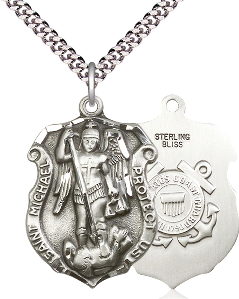 Sterling Silver Saint Michael Coast Guard Pendant on a 24 inch Light Rhodium Heavy Curb chain