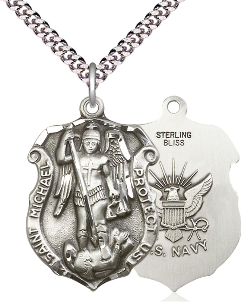 Sterling Silver Saint Michael Navy Pendant on a 24 inch Light Rhodium Heavy Curb chain