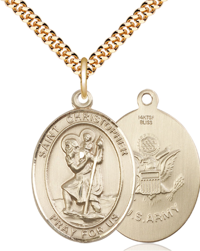 14kt Gold Filled Saint Christopher Army Pendant on a 24 inch Gold Plate Heavy Curb chain