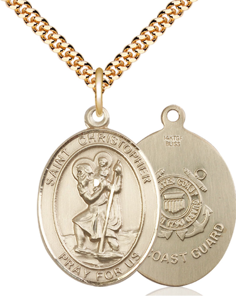 14kt Gold Filled Saint Christopher Coast Guard Pendant on a 24 inch Gold Plate Heavy Curb chain