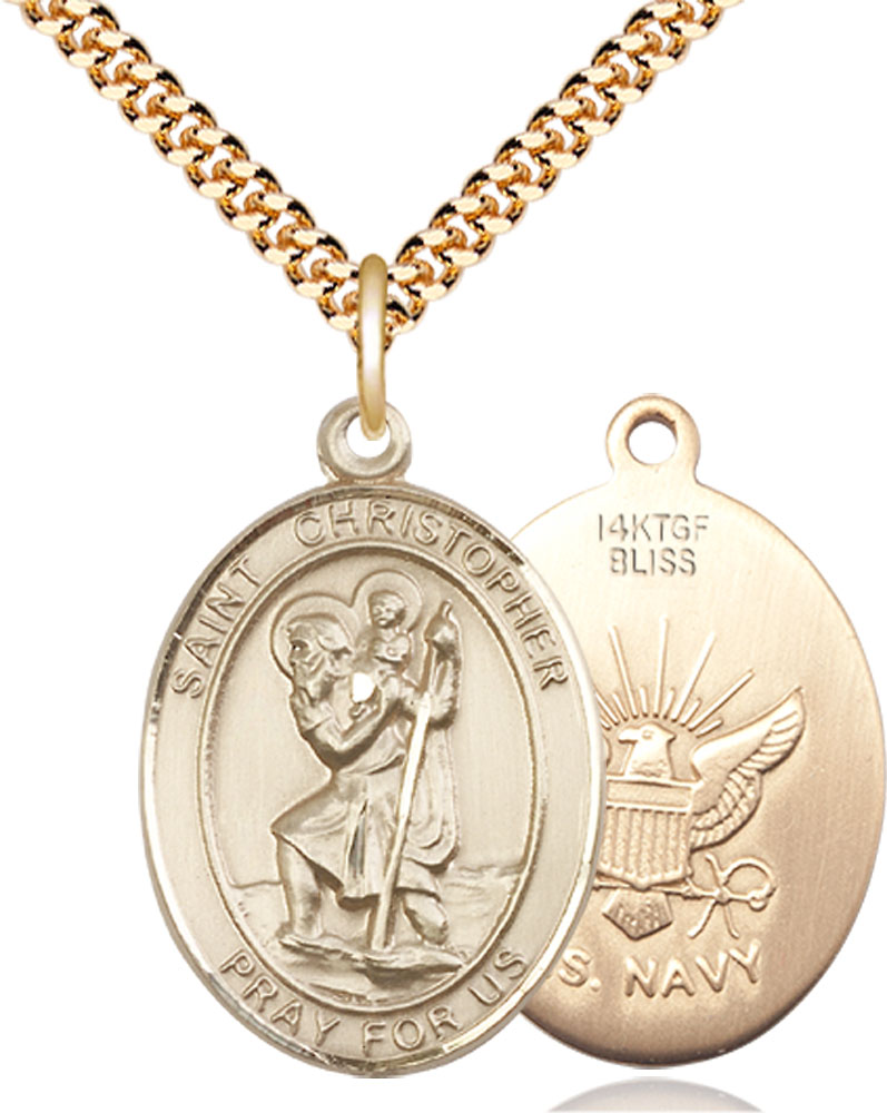 14kt Gold Filled Saint Christopher Navy Pendant on a 24 inch Gold Plate Heavy Curb chain