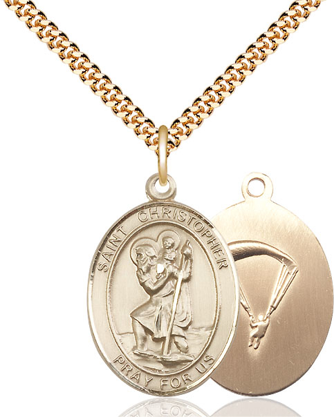 14kt Gold Filled Saint Christopher Paratrooper Pendant on a 24 inch Gold Plate Heavy Curb chain