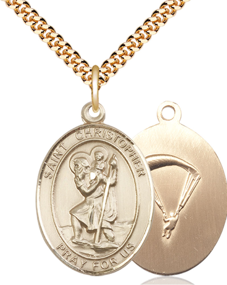 14kt Gold Filled Saint Christopher Paratrooper Pendant on a 24 inch Gold Plate Heavy Curb chain