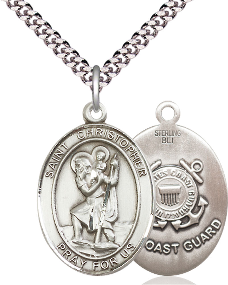 Sterling Silver Saint Christopher Coast Guard Pendant on a 24 inch Light Rhodium Heavy Curb chain