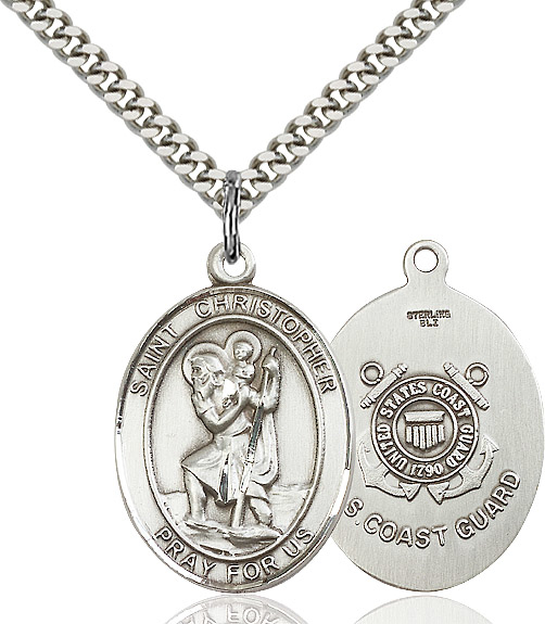 Sterling Silver Saint Christopher Coast Guard Pendant on a 24 inch Light Rhodium Heavy Curb chain