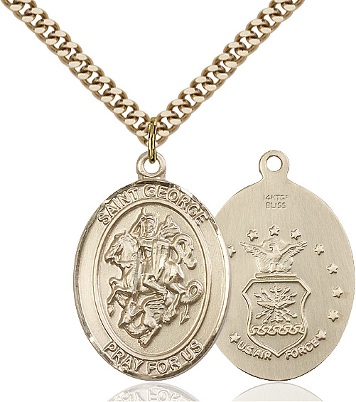 14kt Gold Filled Saint George Air Force Pendant on a 24 inch Gold Plate Heavy Curb chain