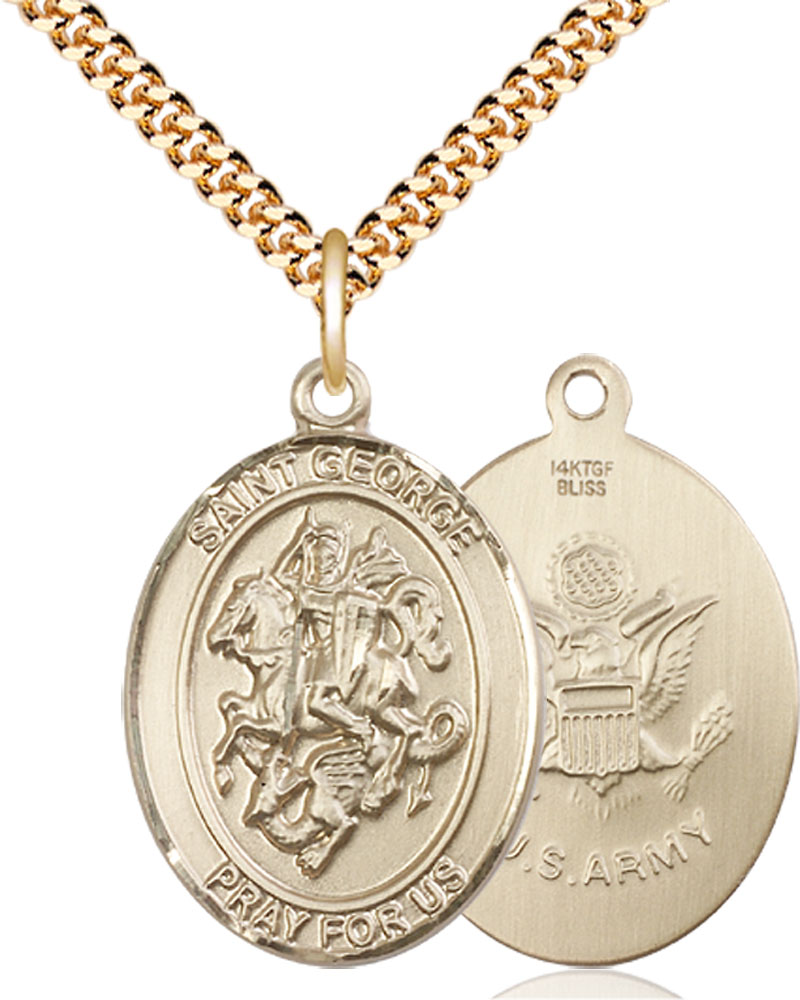 14kt Gold Filled Saint George Army Pendant on a 24 inch Gold Plate Heavy Curb chain
