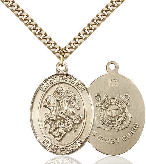 14kt Gold Filled Saint George Coast Guard Pendant on a 24 inch Gold Plate Heavy Curb chain