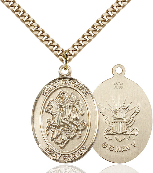 14kt Gold Filled Saint George Navy Pendant on a 24 inch Gold Plate Heavy Curb chain