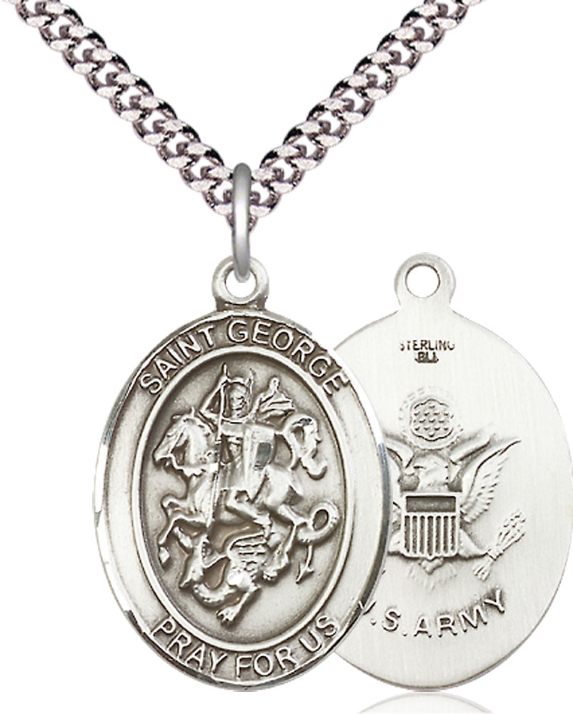 Sterling Silver Saint George Army Pendant on a 24 inch Light Rhodium Heavy Curb chain