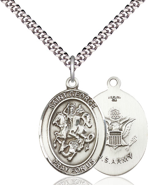 Sterling Silver Saint George Army Pendant on a 24 inch Light Rhodium Heavy Curb chain
