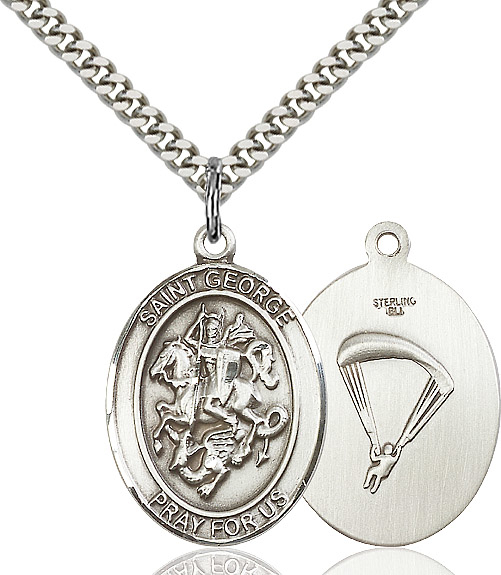 Sterling Silver Saint George Paratrooper Pendant on a 24 inch Light Rhodium Heavy Curb chain