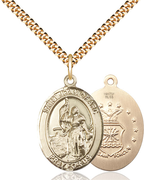 14kt Gold Filled Saint Joan of Arc Air Force Pendant on a 24 inch Gold Plate Heavy Curb chain
