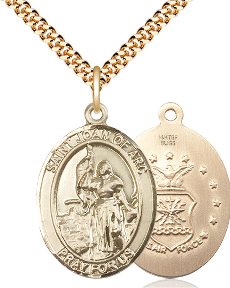 14kt Gold Filled Saint Joan of Arc Air Force Pendant on a 24 inch Gold Plate Heavy Curb chain