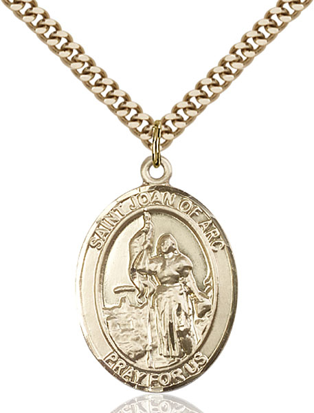 14kt Gold Filled Saint Joan of Arc Army Pendant on a 24 inch Gold Plate Heavy Curb chain