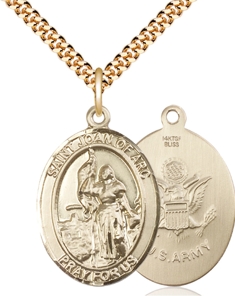 14kt Gold Filled Saint Joan of Arc Army Pendant on a 24 inch Gold Plate Heavy Curb chain