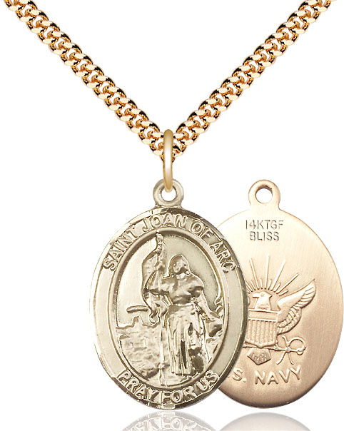 14kt Gold Filled Saint Joan of Arc Navy Pendant on a 24 inch Gold Plate Heavy Curb chain