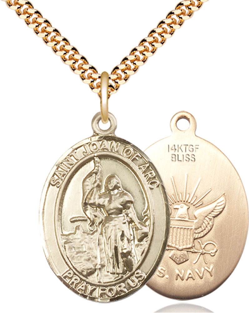 14kt Gold Filled Saint Joan of Arc Navy Pendant on a 24 inch Gold Plate Heavy Curb chain