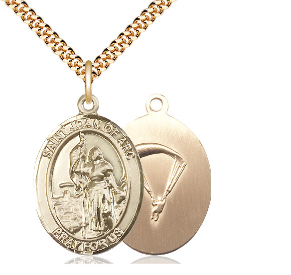 14kt Gold Filled Saint Joan of Arc Paratrooper Pendant on a 24 inch Gold Plate Heavy Curb chain