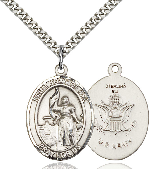 Sterling Silver Saint Joan of Arc Army Pendant on a 24 inch Light Rhodium Heavy Curb chain