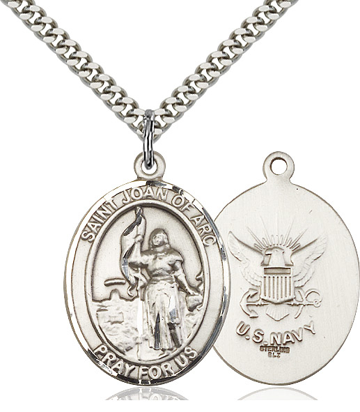 Sterling Silver Saint Joan of Arc Navy Pendant on a 24 inch Light Rhodium Heavy Curb chain