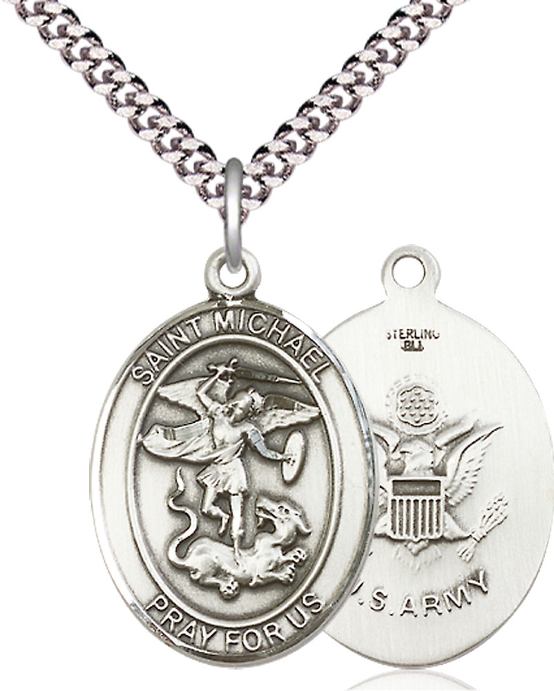 Sterling Silver Saint Michael Army Pendant on a 24 inch Light Rhodium Heavy Curb chain