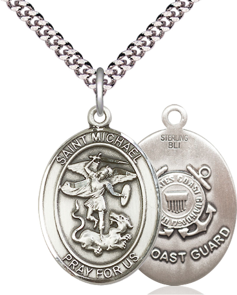 Sterling Silver Saint Michael Coast Guard Pendant on a 24 inch Light Rhodium Heavy Curb chain