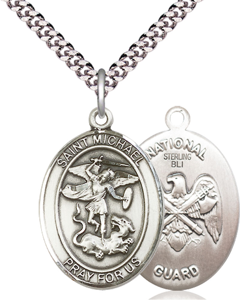 Sterling Silver Saint Michael National Guard Pendant on a 24 inch Light Rhodium Heavy Curb chain