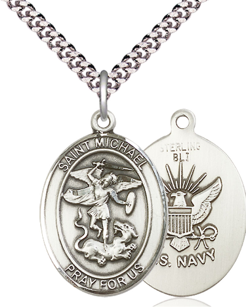 Sterling Silver Saint Michael Navy Pendant on a 24 inch Light Rhodium Heavy Curb chain