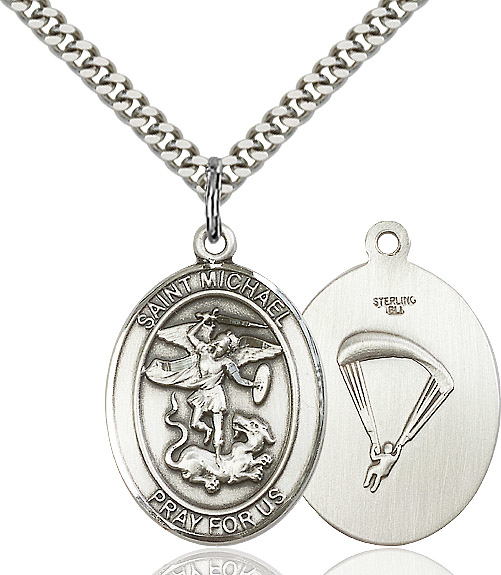 Sterling Silver Saint Michael Paratrooper Pendant on a 24 inch Light Rhodium Heavy Curb chain
