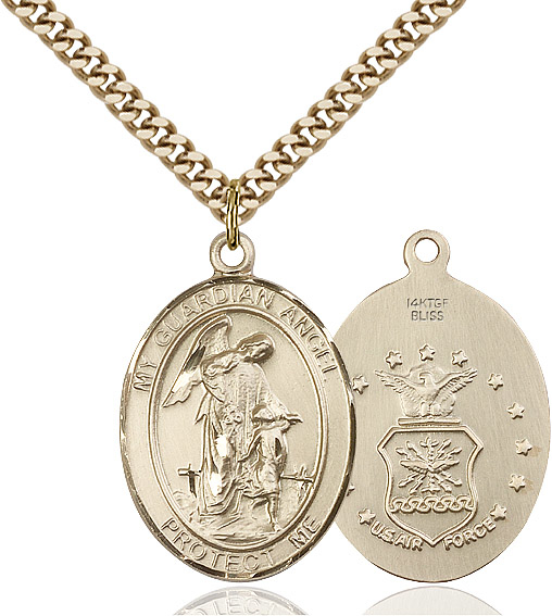 14kt Gold Filled Guardian Angel Air Force Pendant on a 24 inch Gold Plate Heavy Curb chain