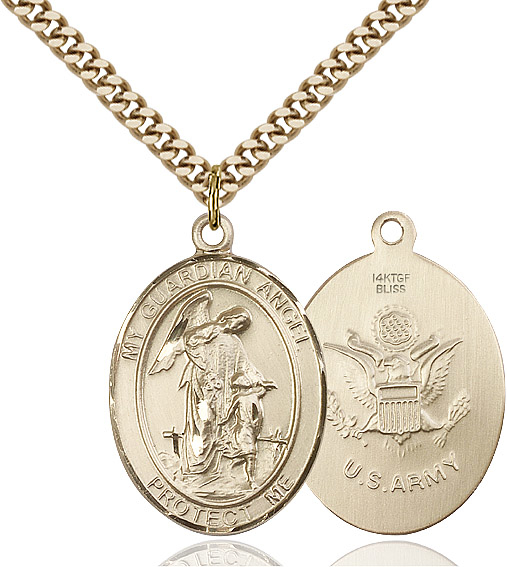 14kt Gold Filled Guardian Angel Army Pendant on a 24 inch Gold Plate Heavy Curb chain