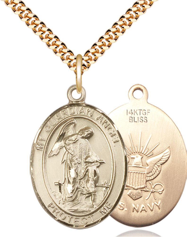 14kt Gold Filled Guardian Angel Navy Pendant on a 24 inch Gold Plate Heavy Curb chain