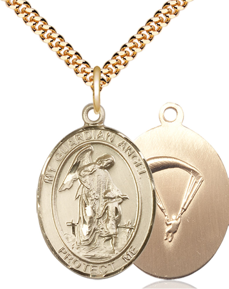 14kt Gold Filled Guardian Angel Paratrooper Pendant on a 24 inch Gold Plate Heavy Curb chain