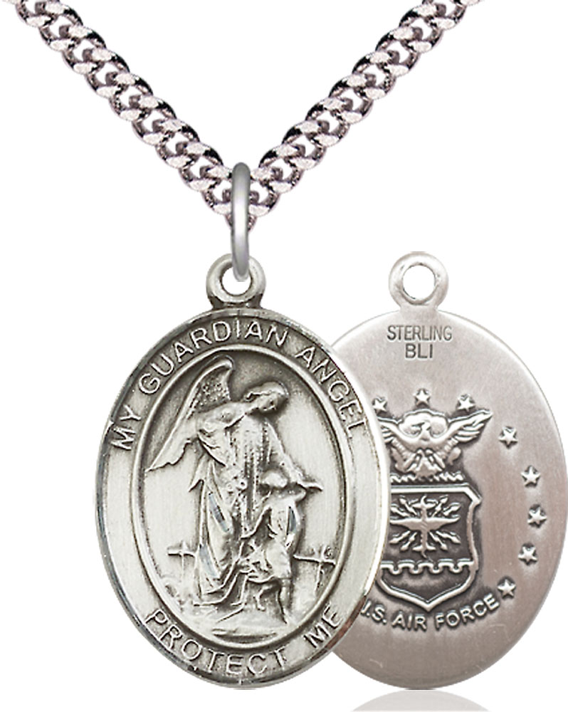 Sterling Silver Guardian Angel Air Force Pendant on a 24 inch Light Rhodium Heavy Curb chain