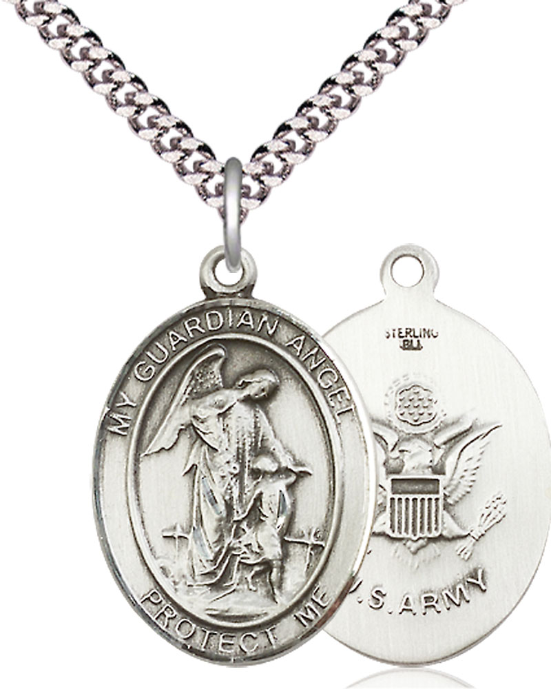 Sterling Silver Guardian Angel Army Pendant on a 24 inch Light Rhodium Heavy Curb chain