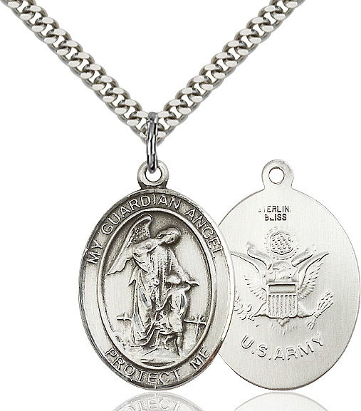 Sterling Silver Guardian Angel Army Pendant on a 24 inch Light Rhodium Heavy Curb chain
