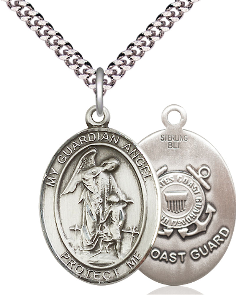 Sterling Silver Guardian Angel Coast Guard Pendant on a 24 inch Light Rhodium Heavy Curb chain