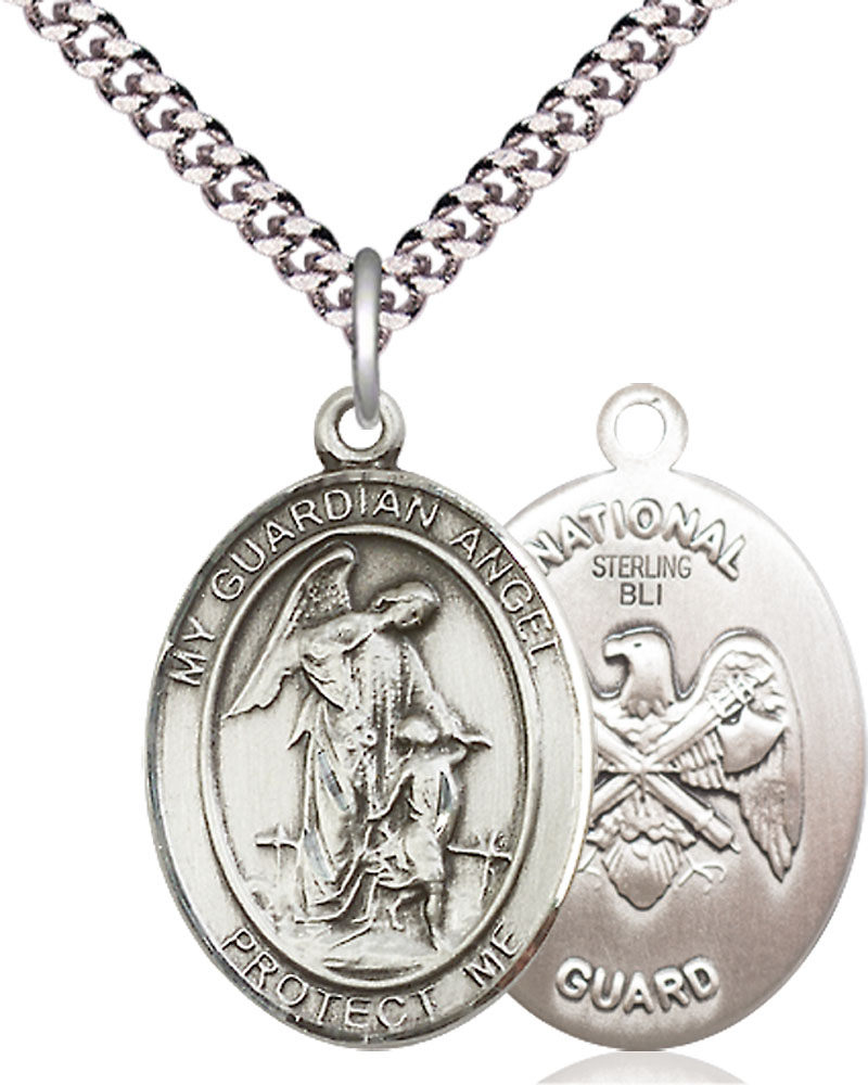 Sterling Silver Guardian Angel National Guard Pendant on a 24 inch Light Rhodium Heavy Curb chain