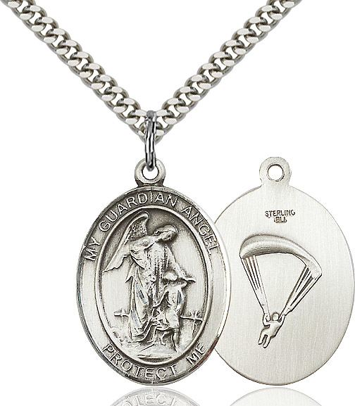 Sterling Silver Guardian Angel Paratrooper Pendant on a 24 inch Light Rhodium Heavy Curb chain