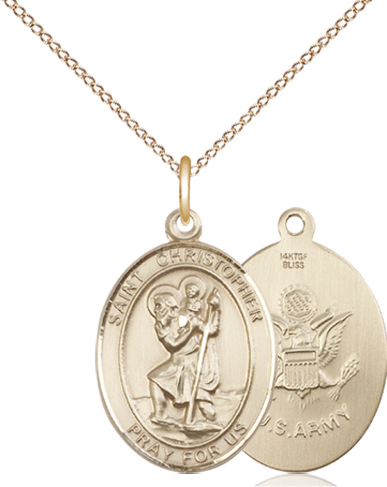 14kt Gold Filled Saint Christopher Army Pendant on a 18 inch Gold Filled Light Curb chain