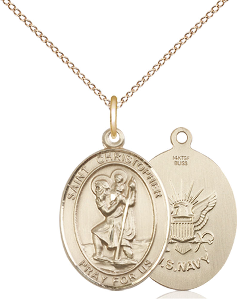 14kt Gold Filled Saint Christopher Navy Pendant on a 18 inch Gold Filled Light Curb chain