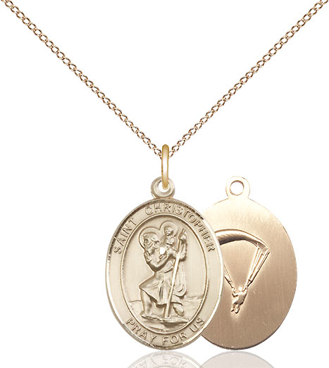 14kt Gold Filled Saint Christopher Paratrooper Pendant on a 18 inch Gold Filled Light Curb chain