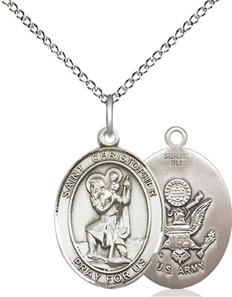 Sterling Silver Saint Christopher Army Pendant on a 18 inch Sterling Silver Light Curb chain