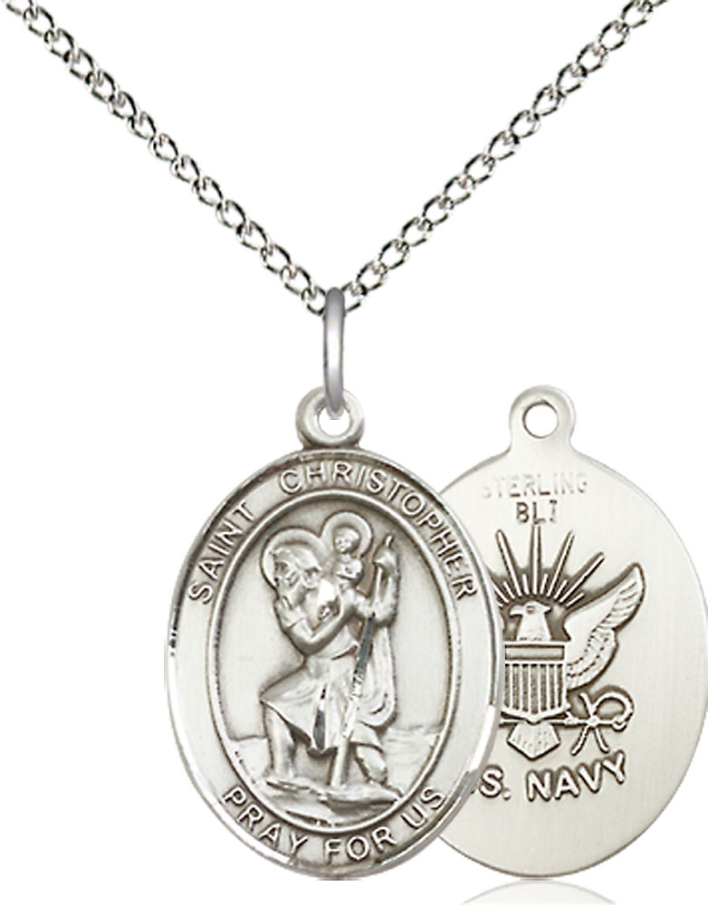 Sterling Silver Saint Christopher Navy Pendant on a 18 inch Sterling Silver Light Curb chain
