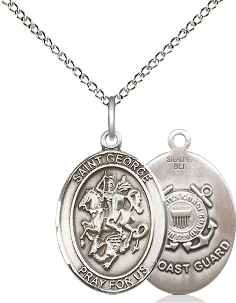 Sterling Silver Saint George Coast Guard Pendant on a 18 inch Sterling Silver Light Curb chain